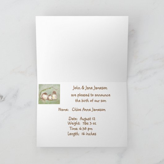 おめでとう新生児ガールキュートバードファミリー 案内状 (内部)