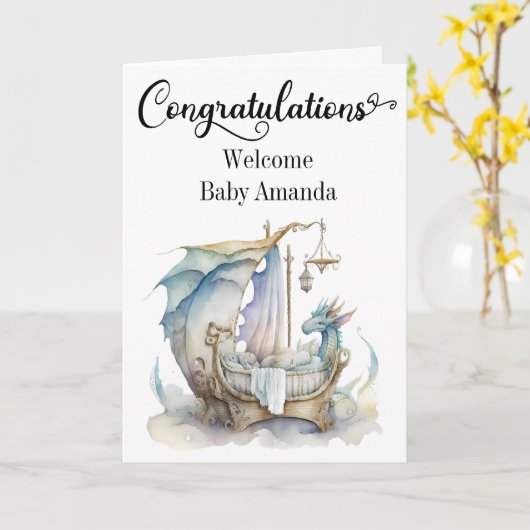 おめでとう新生児ファンタジードラゴンクリブ カード (黄色い花)