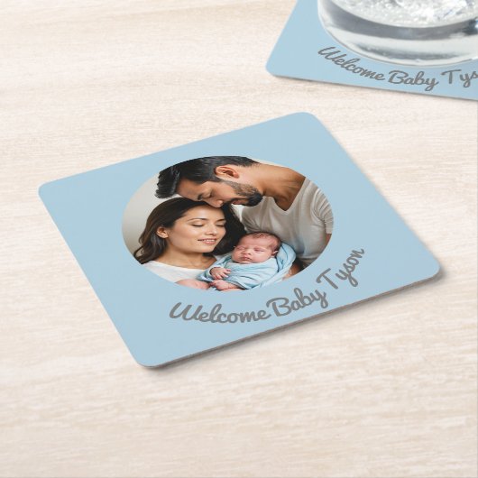 おめでとう新生児ボーイブルー歓迎ベビー スクエアペーパーコースター (アングル)