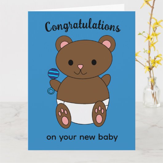 おめでとう新生児ボーイベアーパーソナライズカード カード (黄色い花)