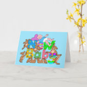 おめでとう新生児少年テディベア カード (黄色い花)