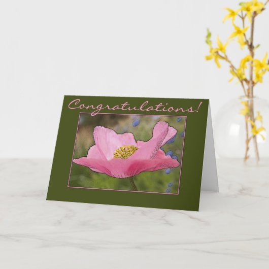 おめでとう独身のピンクポピー写真 カード (黄色い花)