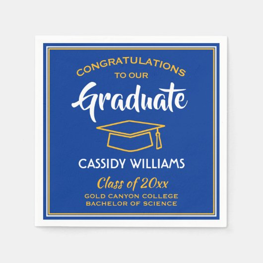 おめでとう王室のブルー&金ゴールド卒業パーティー スタンダードカクテルナプキン (正面)