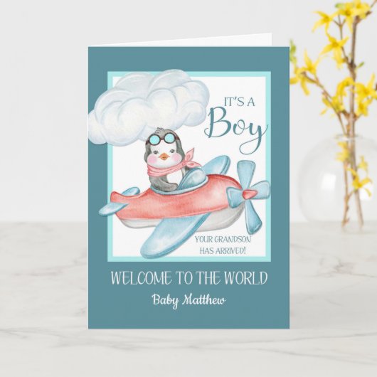 おめでとう男の子の孫名前をカスタムする カード (黄色い花)