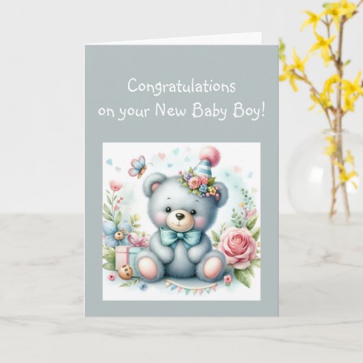 おめでとう男の赤ちゃんおもしろいテディベア カード (黄色い花)
