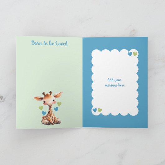 おめでとう男の赤ちゃんかわいいキリン青 カード (内部)