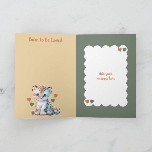 おめでとう男の赤ちゃんかわいいヒョウのオレンジ カード (内部)