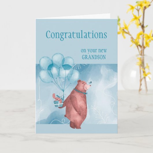 おめでとう男の赤ちゃんファンテディベアバルーンカー カード (黄色い花)