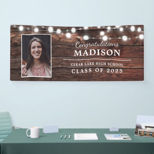 おめでとう素朴木製ストリングライツグラッド写真 横断幕 (トレードショー)