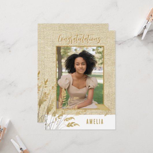 おめでとう素朴金ゴールドの葉の大学院写真 カード (正面/裏面インサイチュ)