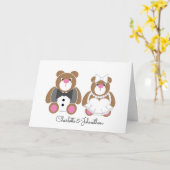 おめでとう結婚かわいいテディベア カード (黄色い花)