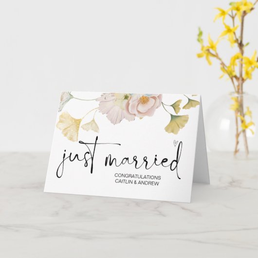 おめでとう結婚のたった今結婚しました新郎新婦 カード (黄色い花)