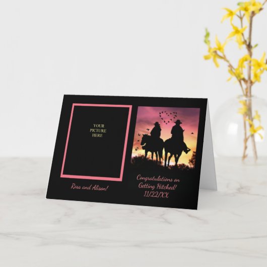 おめでとう結婚のカスタム写真ウェスタンカー カード (黄色い花)