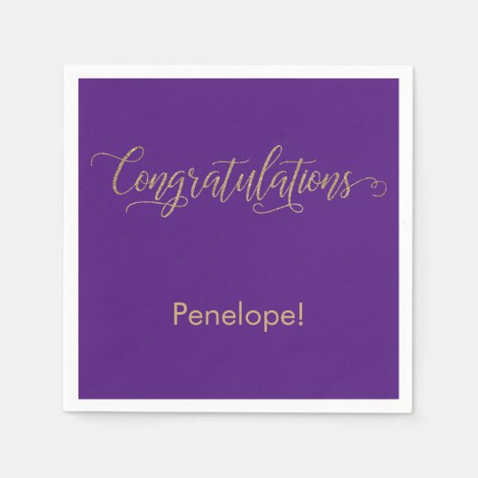 おめでとう金ゴールドグリッタータイポグラフィ紫 スタンダードカクテルナプキン (正面)