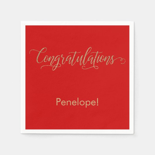 おめでとう金ゴールドグリッタータイポグラフィ赤 スタンダードカクテルナプキン (正面)