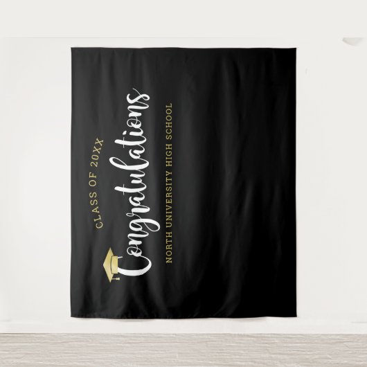 おめでとう金ゴールドブラック卒業パーティー タペストリー (正面)