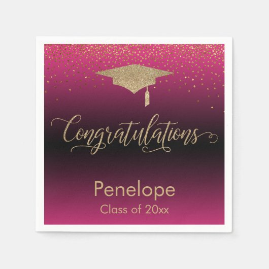 おめでとう金ゴールド紙吹雪卒業ホットピンク スタンダードカクテルナプキン (正面)