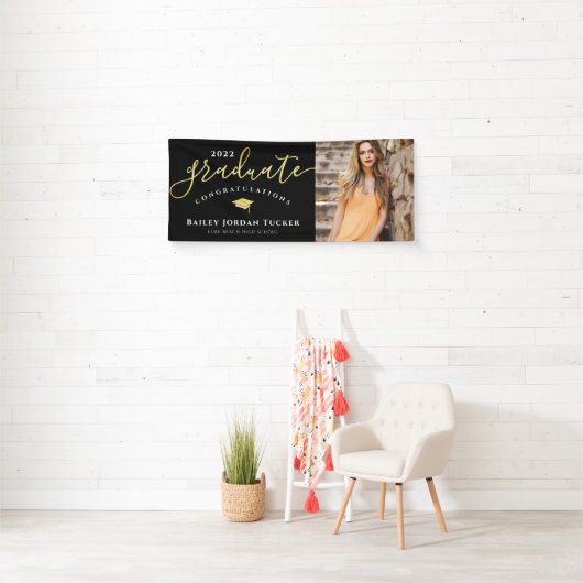 おめでとう黒金ゴールド写真卒業 横断幕 (インサイチュ)