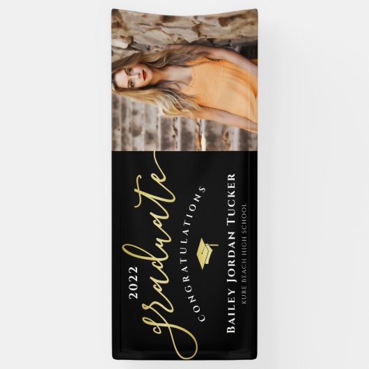 おめでとう黒金ゴールド写真卒業 横断幕 (縦)