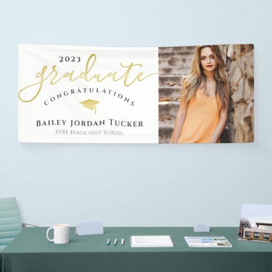 おめでとう黒金ゴールド写真卒業 横断幕 (トレードショー)