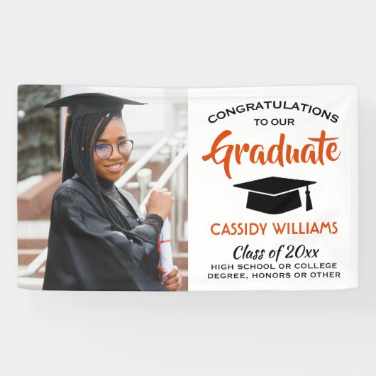 おめでとう1フォトオレンジ白黒の卒業 横断幕 (横)