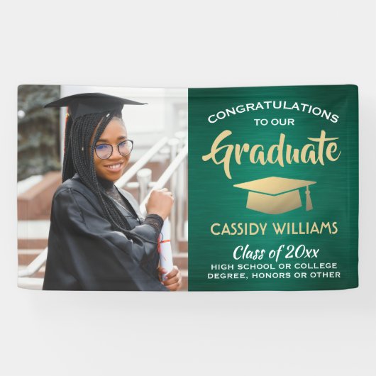 おめでとう1フォトグリーン金ゴールドと白卒業 横断幕 (横)