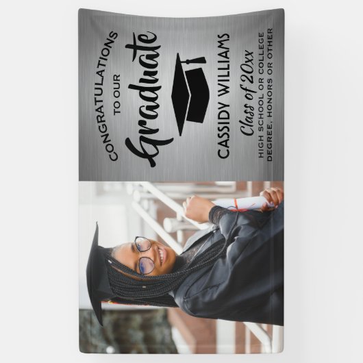 おめでとう1フォトシルバー&ブラックモダン卒業 横断幕 (縦)