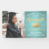 おめでとう1フォトティール（緑がかった色）ブルー金ゴールドモダン卒業 横断幕 (横)