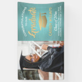 おめでとう1フォトティール（緑がかった色）ブルー金ゴールドモダン卒業 横断幕 (縦)