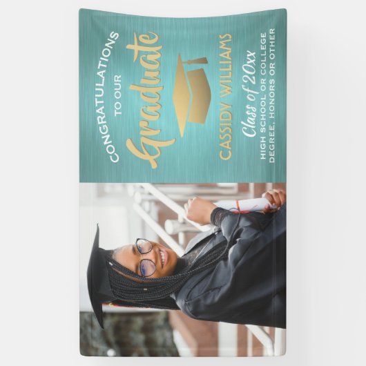 おめでとう1フォトティール（緑がかった色）ブルー金ゴールドモダン卒業 横断幕 (縦)