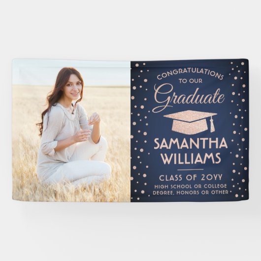 おめでとう1フォトネイビーブルーピンクグリッター卒業 横断幕 (横)