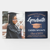 おめでとう1フォトネイビーブルー白銅卒業 横断幕 (横)