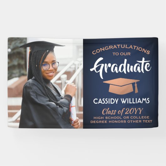 おめでとう1フォトネイビーブルー白銅卒業 横断幕 (横)