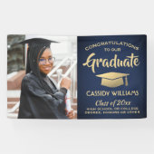 おめでとう1フォトネイビーブルー金ゴールド卒業モダン 横断幕 (横)