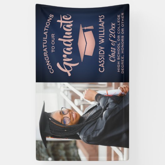 おめでとう1フォトネイビー&ピンクローズ金ゴールド卒業 横断幕 (縦)