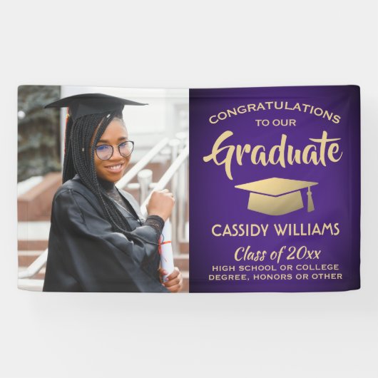 おめでとう1フォトパープルと金ゴールドモダン卒業 横断幕 (横)