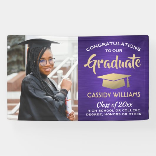 おめでとう1フォトパープル金ゴールドとホワイト卒業 横断幕 (横)