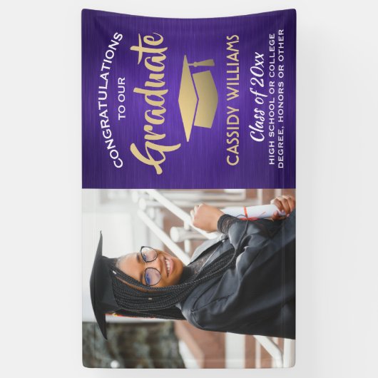 おめでとう1フォトパープル金ゴールドとホワイト卒業 横断幕 (縦)
