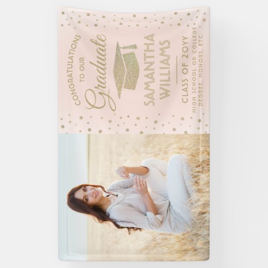 おめでとう1フォトピンクと金ゴールドグリッター卒業 横断幕 (縦)