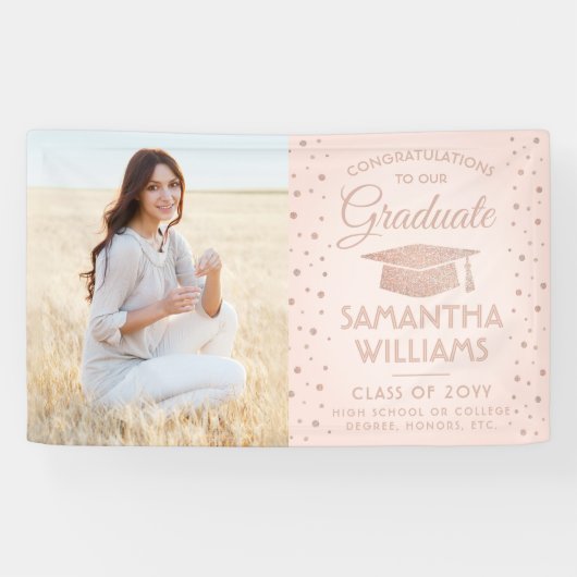 おめでとう1フォトピンクローズ金ゴールドグリッター卒業 横断幕 (横)