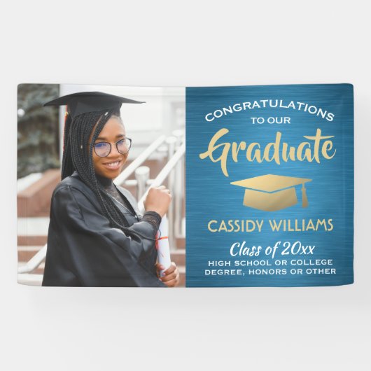 おめでとう1フォトブラシティール（緑がかった色）ブルー金ゴールド卒業 横断幕 (横)