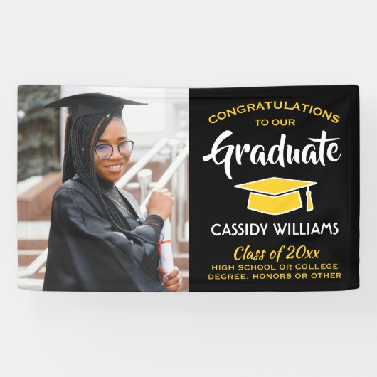 おめでとう1フォトブラック金ゴールド黄色の卒業 横断幕 (横)