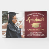 おめでとう1フォトブルゴーニュ赤と金ゴールド卒業 横断幕 (横)