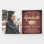 おめでとう1フォトブルゴーニュ赤と金ゴールド卒業 横断幕 (横)