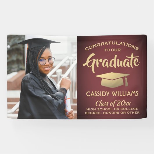 おめでとう1フォトブルゴーニュ赤と金ゴールド卒業 横断幕 (横)