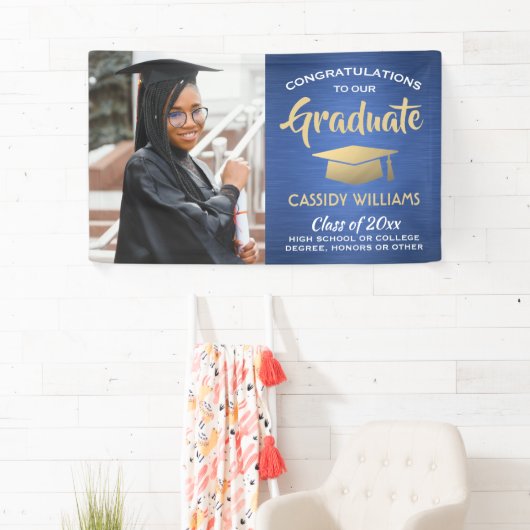 おめでとう1フォトブルー金ゴールドホワイト卒業モダン 横断幕 (インサイチュ)