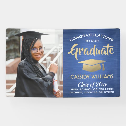 おめでとう1フォトブルー金ゴールドホワイト卒業モダン 横断幕 (横)