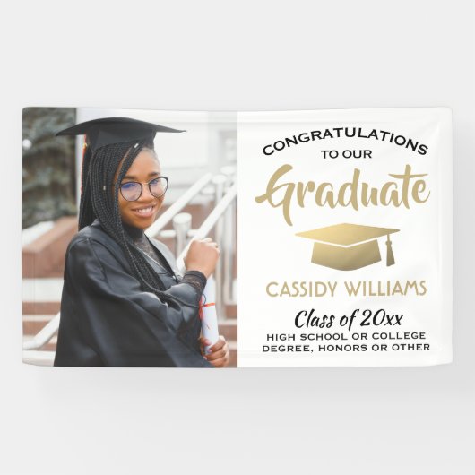 おめでとう1フォトホワイト金ゴールドと黒の卒業 横断幕 (横)