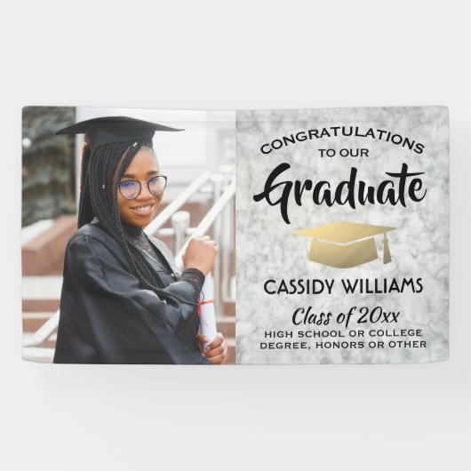 おめでとう1フォトマーブルブラックと金ゴールド卒業 横断幕 (横)