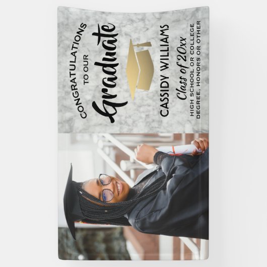 おめでとう1フォトマーブルブラックと金ゴールド卒業 横断幕 (縦)